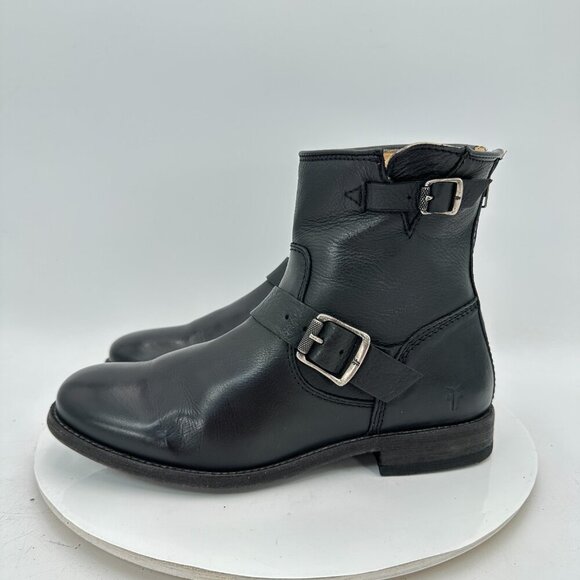 Frye Tyler Engineer Women Size 8.5B Black Leather Pull On  Buckle Ankle Boot - Picture 1 of 11
